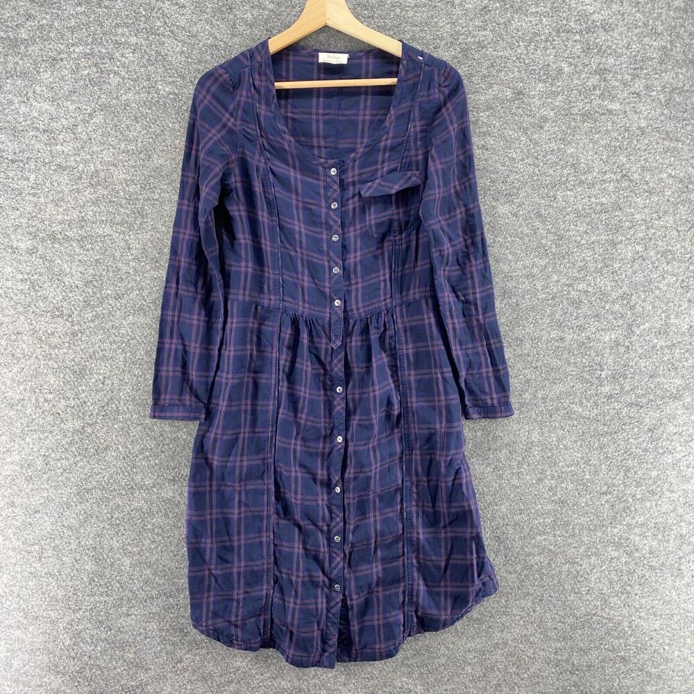 Wrap Shirt Dress Women 4 Blue Plaid Midi Button Up Round Neck Long Sleeve Cotton